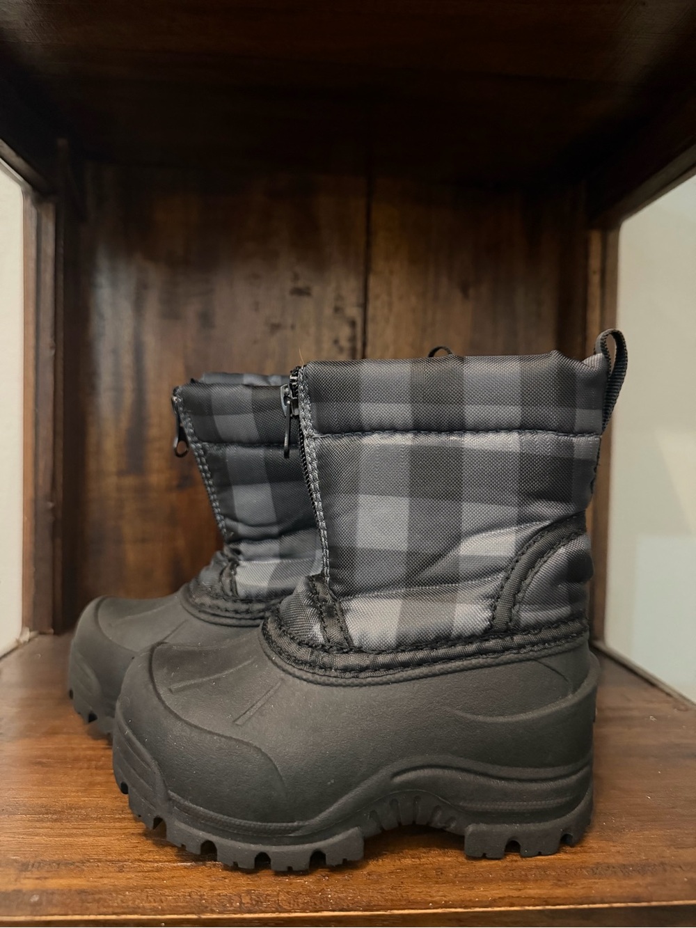 Kids' Black & Gray Plaid Winter Snow Boots